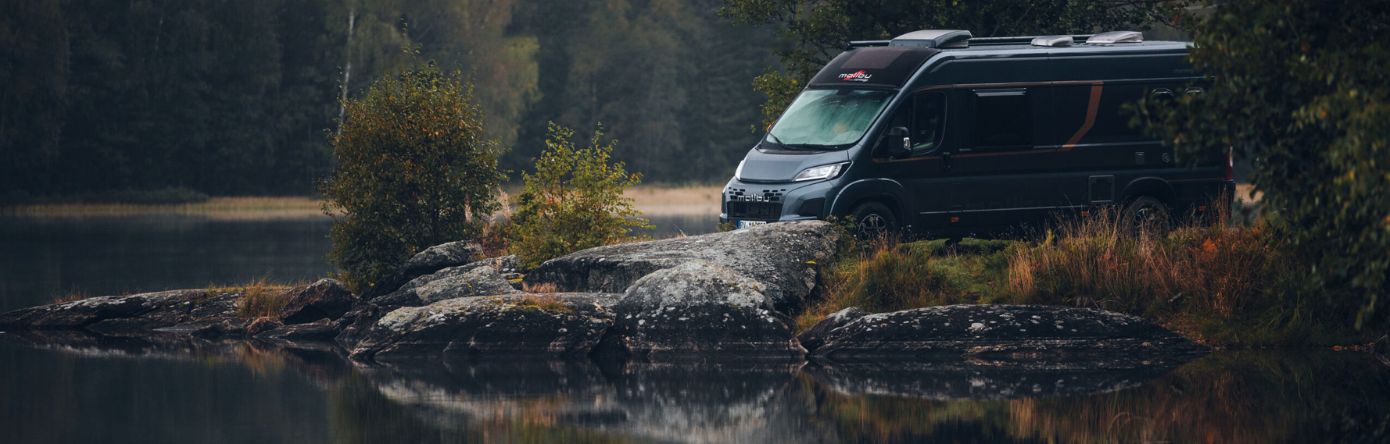 Malibu Van am Ufer eines Sees