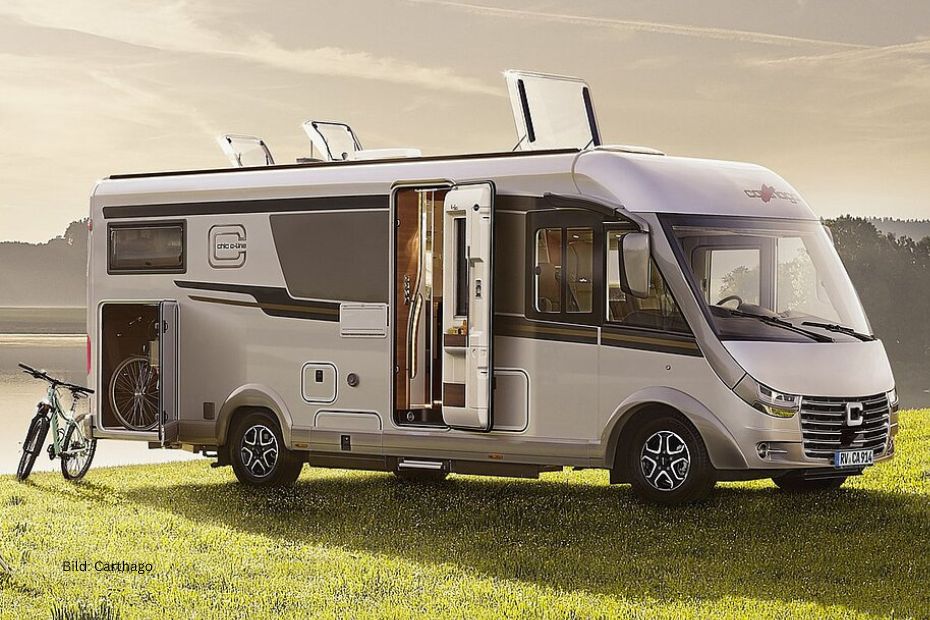 Wohnmobil mit Farrädern an einem Seeufer zum Thema zulässiges Gesamtgewicht von Wohnmobilen